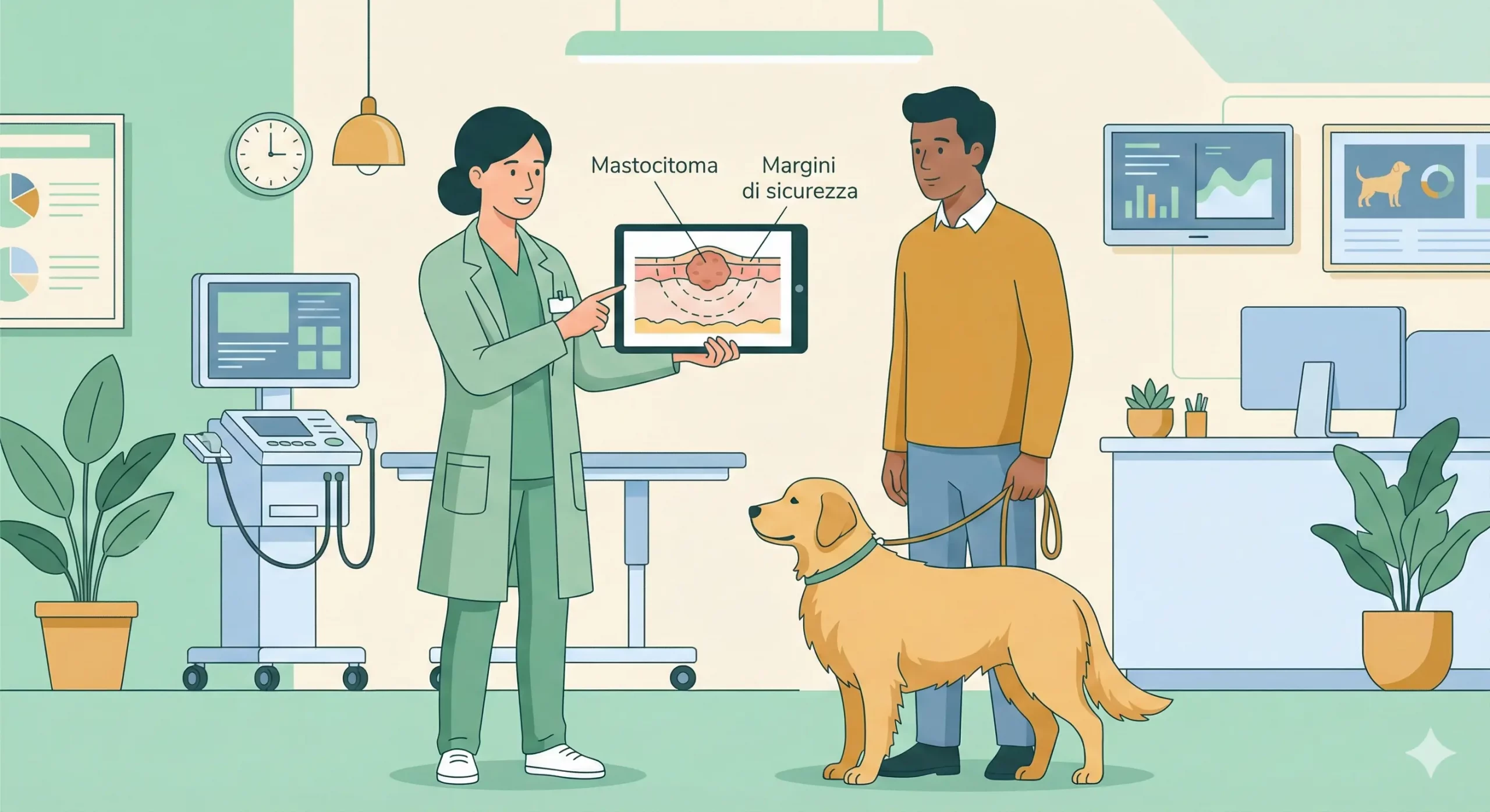Veterinario che spiega la tecnica dei margini chirurgici per un mastocitoma a un proprietario.