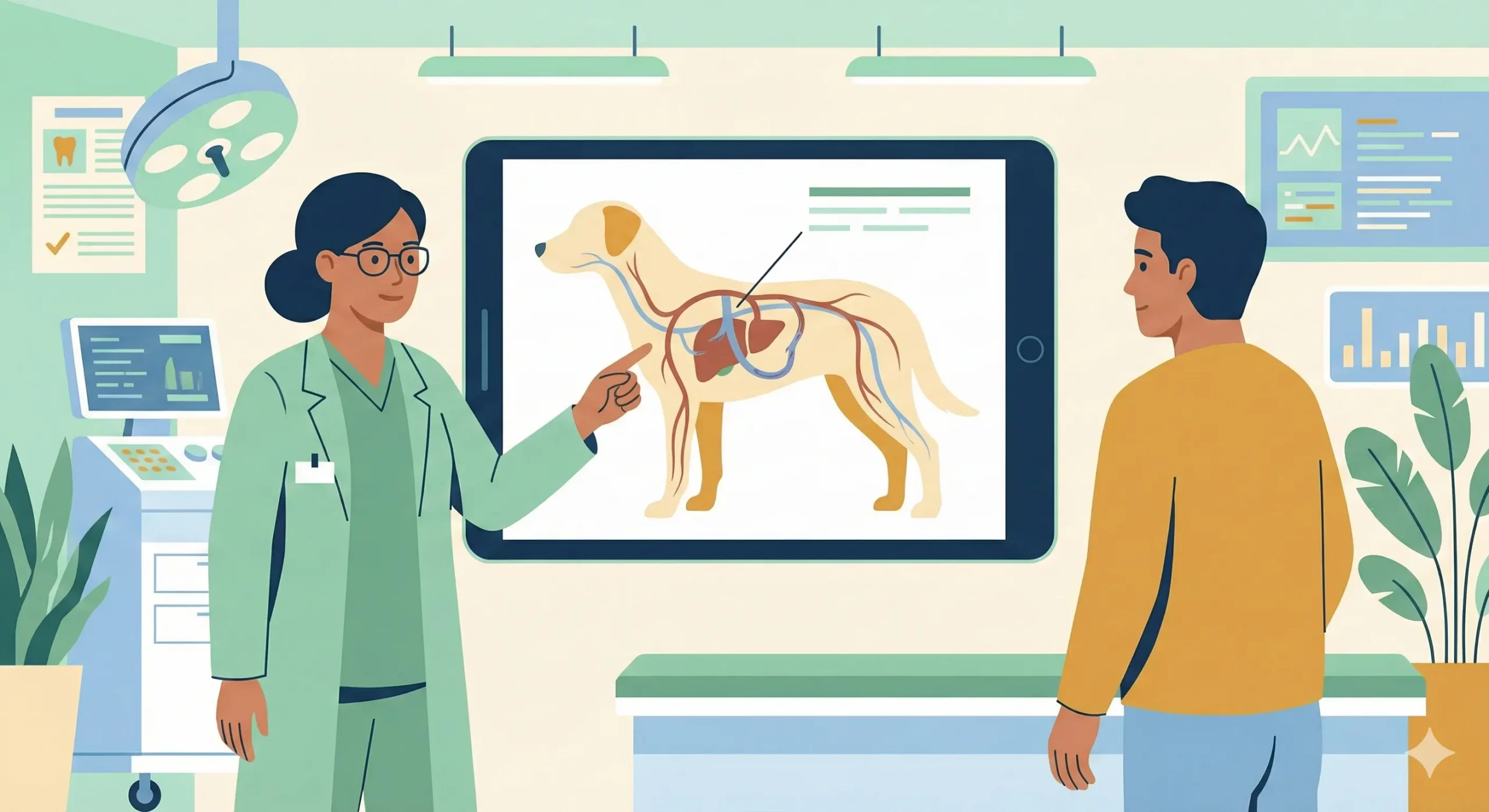 Illustrazione di un veterinario che spiega la circolazione epatica a un proprietario in una clinica moderna.