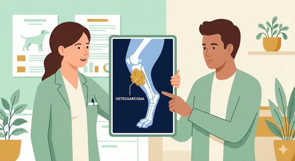 Veterinario che spiega la diagnosi di osteosarcoma e l'intervento di amputazione a un proprietario in uno studio moderno.