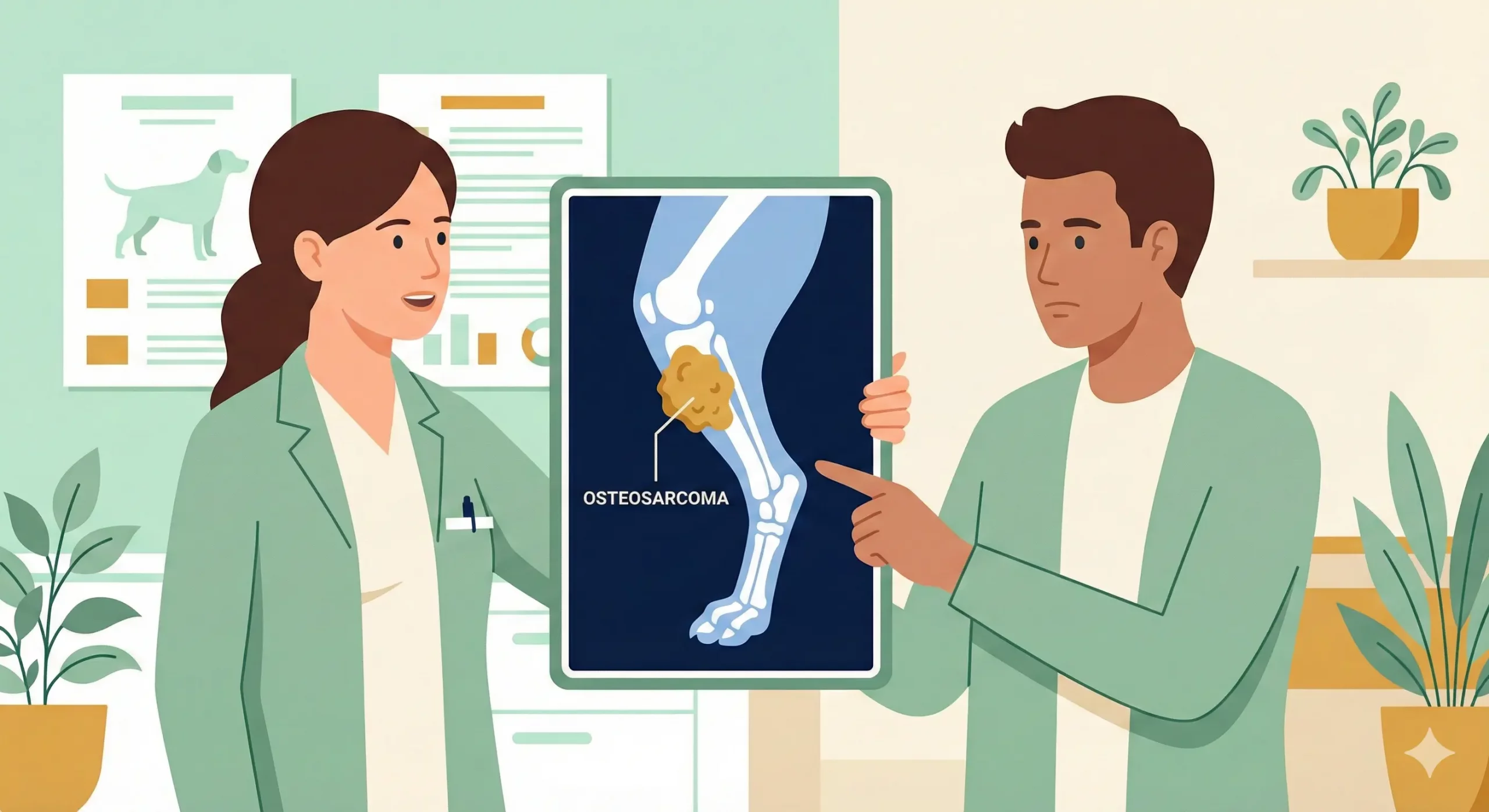 Veterinario che spiega la diagnosi di osteosarcoma e l'intervento di amputazione a un proprietario in uno studio moderno.