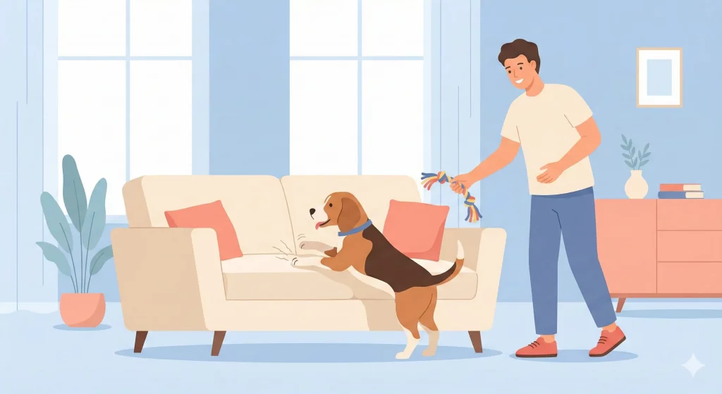 Illustrazione stilizzata di un cane che scava scherzosamente sul divano mentre il suo proprietario lo osserva con calma in un ambiente dai colori pastello.