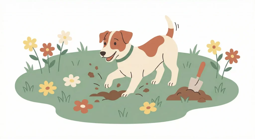 Illustrazione moderna in stile piatto di un cane felice che scava in un giardino stilizzato con colori pastello.