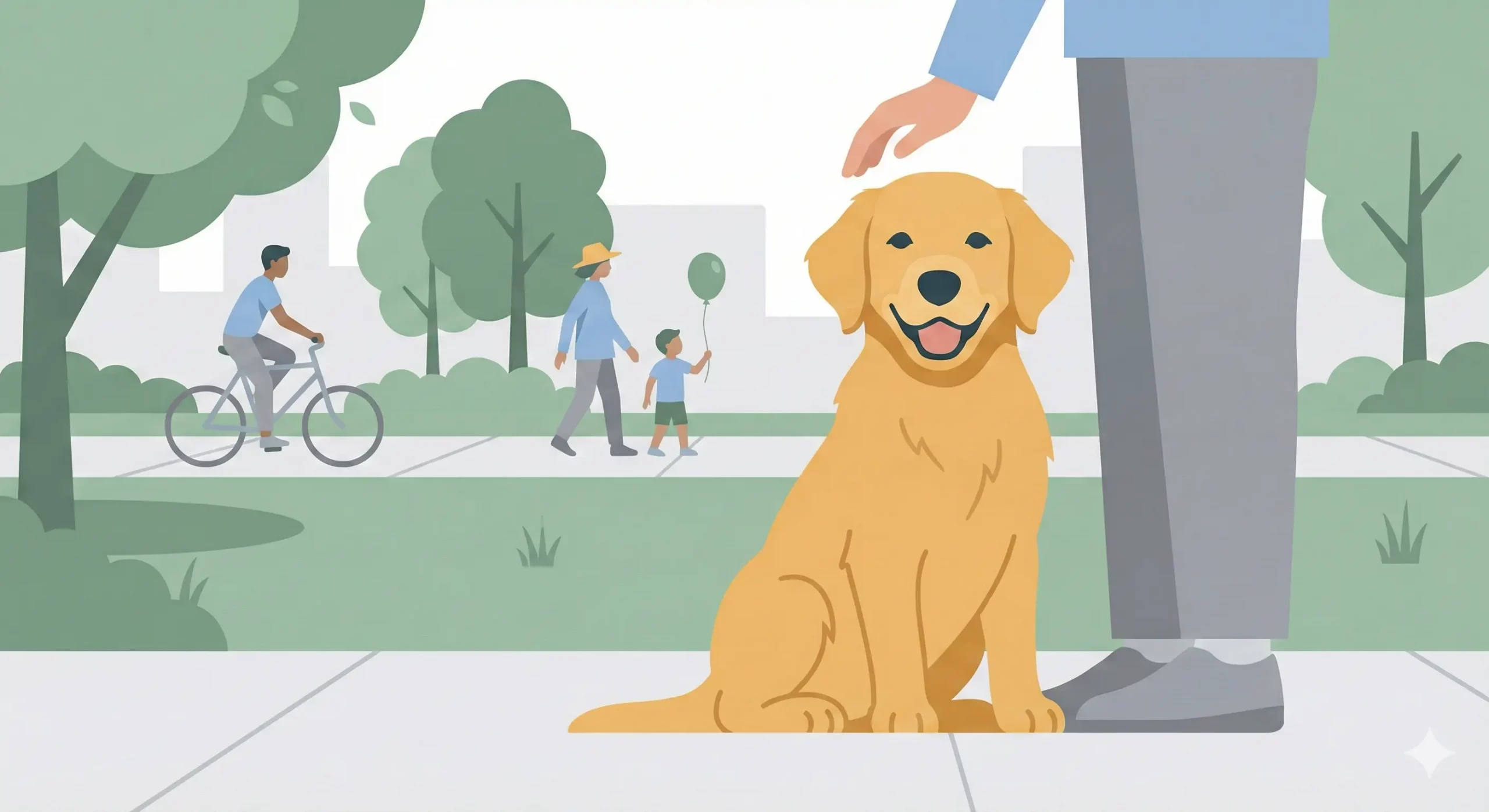 Cucciolo di cane osserva con curiosità e calma un ciclista e dei passanti in un parco cittadino