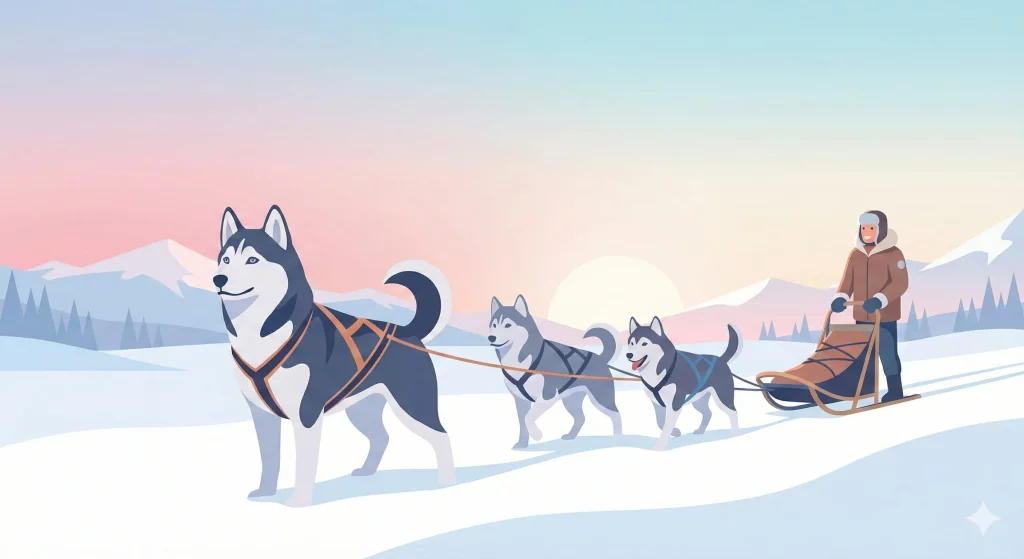Ritratto stilizzato di Togo, il cane eroe dell'Alaska, che osserva l'orizzonte durante una bufera di neve con colori pastello.