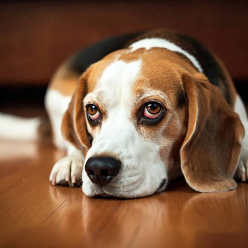 Cane non mangia: Beagle triste con la ciotola piena.