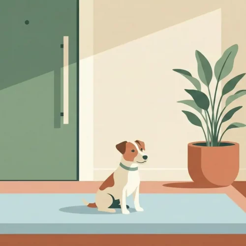 Illustrazione di un piccolo cane seduto tranquillamente in un appartamento moderno mentre osserva la porta d'ingresso.