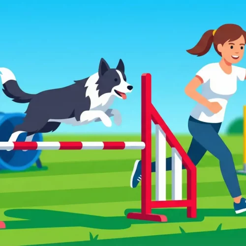Illustrazione vettoriale flat design di un cane che salta un ostacolo di agility con il conduttore che corre a fianco.