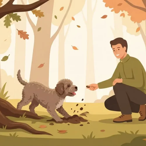 Illustrazione vettoriale moderna di un cane che cerca tartufi nel bosco e riceve un premio dal proprietario.