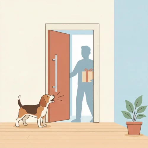 Illustrazione di un cane che abbaia alla porta mentre entrano degli ospiti in casa.