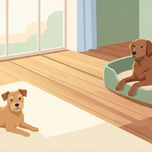 Illustrazione di due cani che si rilassano in zone diverse del soggiorno sotto la supervisione del proprietario.