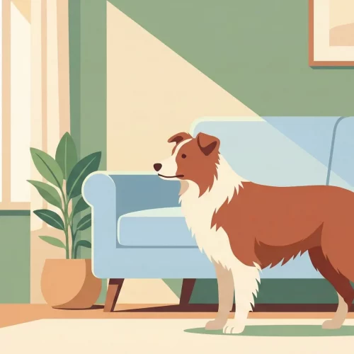Illustrazione di un cane che appare teso in un ambiente domestico tranquillo, sottolineando l'importanza di capire le cause del cambio di carattere.