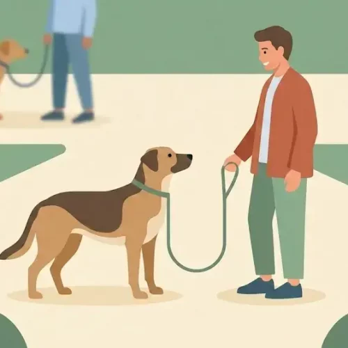 Illustrazione di un cane al guinzaglio che guarda il proprietario invece di reagire a un altro cane in lontananza.