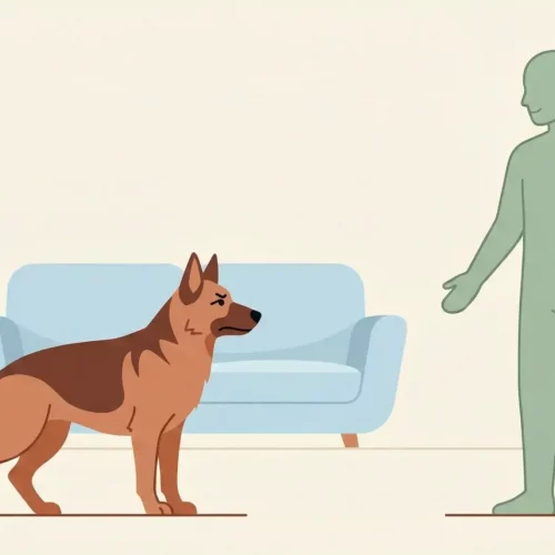 Illustrazione di un cane che ringhia in modo teso all'interno di un soggiorno domestico.