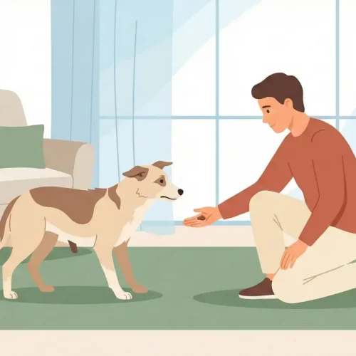 Illustrazione vettoriale di un educatore cinofilo che interagisce con calma con un cane insicuro, offrendo un rinforzo positivo per gestire l'aggressività in ambiente domestico.