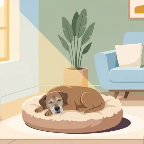 Un'illustrazione moderna in stile piatto che ritrae un cane anziano che dorme beatamente su una cuccia morbida in un soggiorno soleggiato.