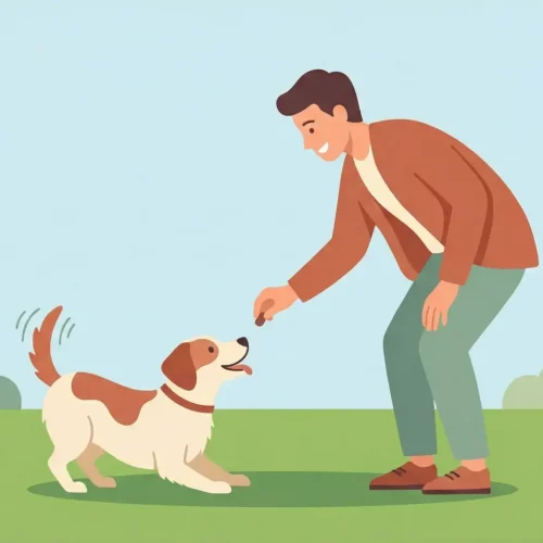 Illustrazione vettoriale flat design di un cane felice che ha appena fatto i bisogni sull'erba al parco e riceve un premio dal proprietario sorridente.