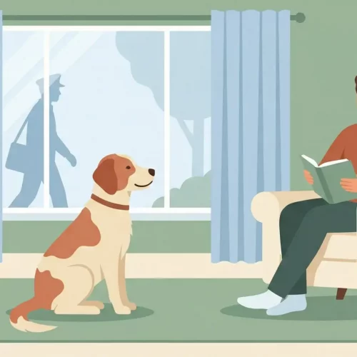 Illustrazione vettoriale flat design di un cane seduto tranquillamente davanti a una finestra, che guarda fuori senza abbaiare, con il proprietario rilassato sullo sfondo.