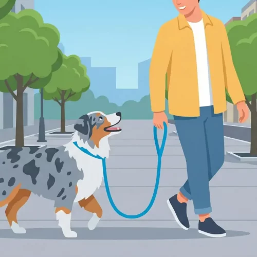 Illustrazione vettoriale flat design di un cane che cammina perfettamente al piede del proprietario guardandolo negli occhi.