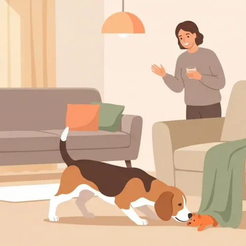 Illustrazione vettoriale flat design di un cane che annusa concentrato sotto un divano cercando un gioco mentre il proprietario osserva sorridente.