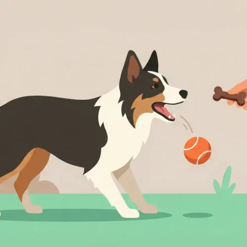 Illustrazione vettoriale flat design di un cane che lascia cadere un gioco dalla bocca per prendere un premio offerto dal proprietario.