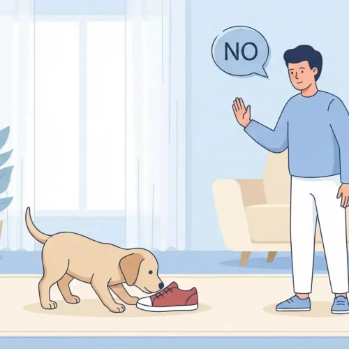 Illustrazione vettoriale flat design di un proprietario che ferma gentilmente il cane con un gesto della mano e il comando No.