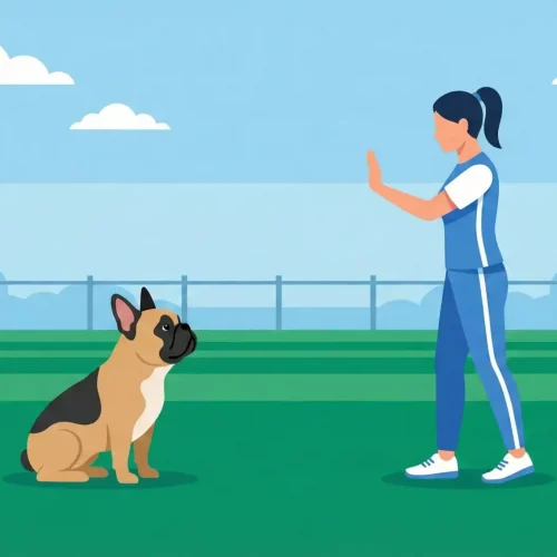 Illustrazione vettoriale flat design di un cane seduto immobile mentre il proprietario si allontana facendo il segnale di stop con la mano.