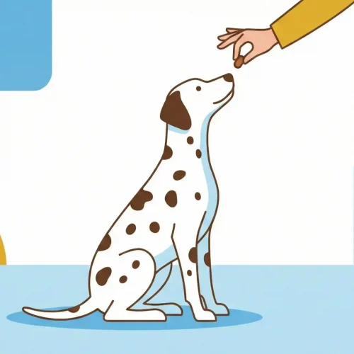 Illustrazione vettoriale flat design di un cane che esegue il comando seduto guardando in alto verso la mano del proprietario che tiene un premio.
