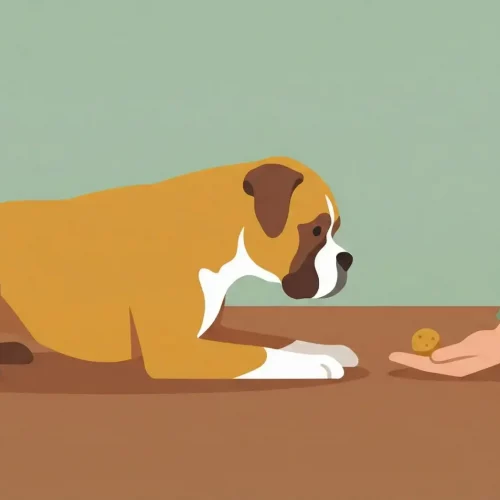 Illustrazione vettoriale flat design di un cane che esegue il comando terra seguendo la mano del proprietario che tiene un premio.