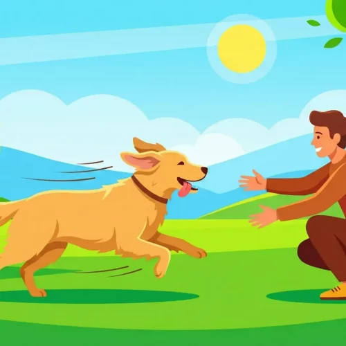 Illustrazione vettoriale flat design di un cane che corre felice verso il proprietario che lo accoglie a braccia aperte in un parco.