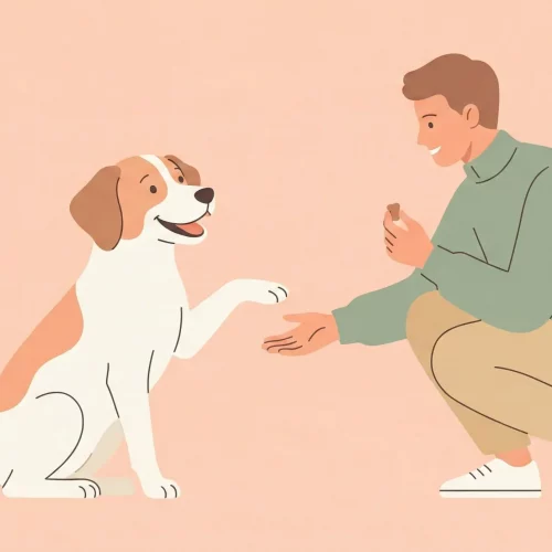 Illustrazione vettoriale flat design di un cane seduto che dà la zampa al proprietario in cambio di un premio.
