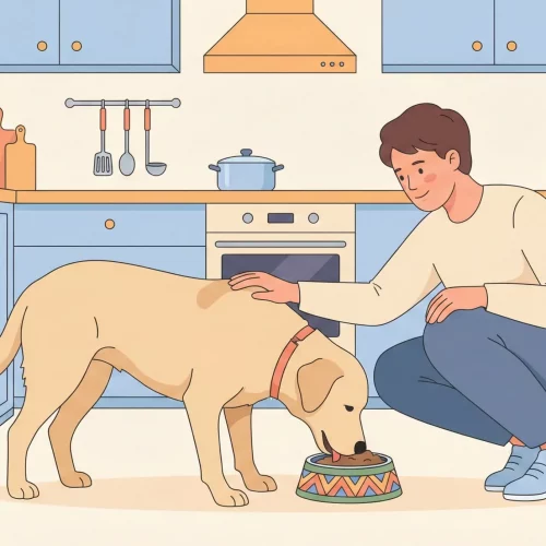 Un'illustrazione moderna in stile piatto di un proprietario premuroso che osserva il suo cane mentre mangia tranquillamente dalla ciotola in una cucina luminosa.
