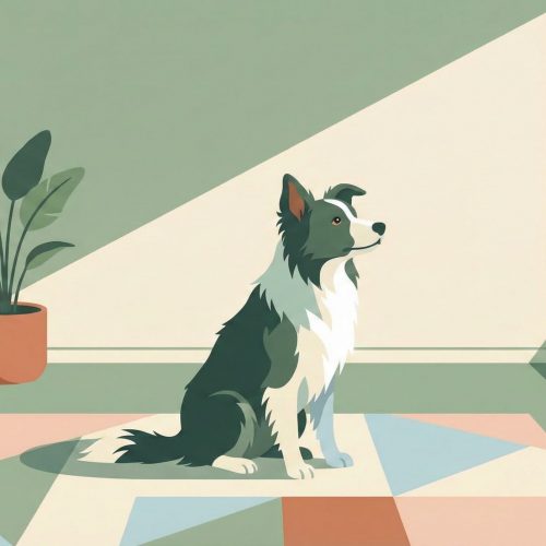 Cane incuriosito che fissa un angolo della stanza in un soggiorno luminoso.