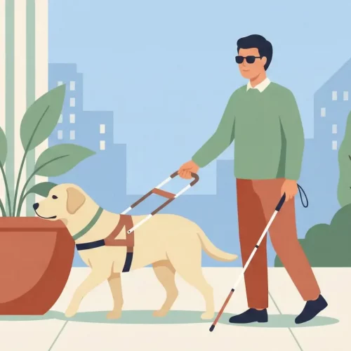 Illustrazione vettoriale flat design di un cane guida con pettorina che accompagna una persona non vedente su un marciapiede cittadino, evitando un ostacolo.