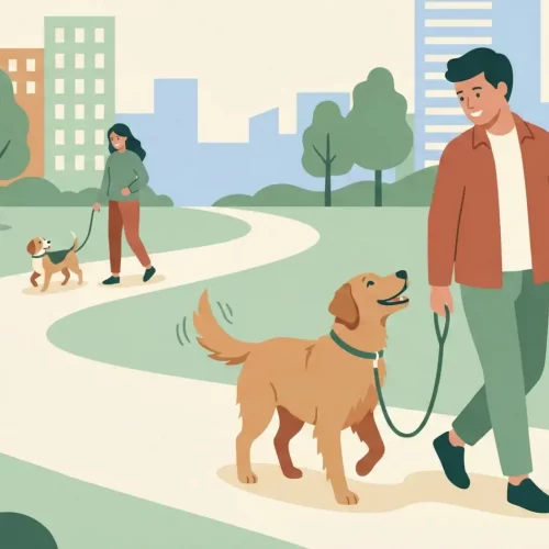 Illustrazione vettoriale flat design di un cane al guinzaglio che guarda il proprietario ignorando un altro cane che passa sullo sfondo.