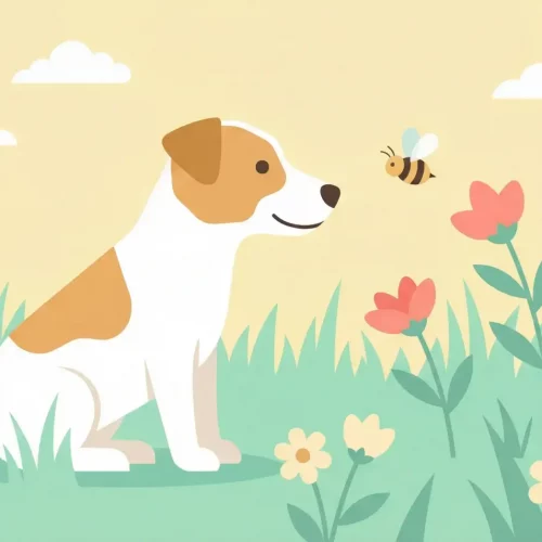 Un'illustrazione vettoriale moderna che mostra un cane curioso che osserva un'ape in un prato, con uno stile flat design e colori pastello.