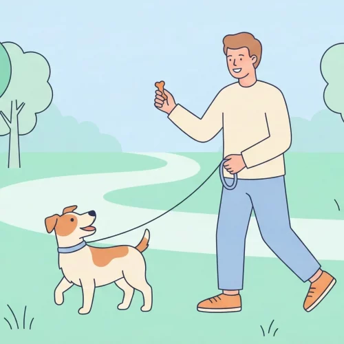 Un'illustrazione vettoriale moderna in stile piatto che mostra un proprietario che distrae dolcemente il suo cane con un premio durante una passeggiata nel parco.