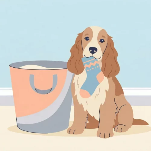 Illustrazione vettoriale di un cane con un calzino in bocca in un ambiente domestico dai colori pastello.