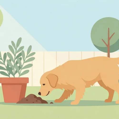 Un'illustrazione vettoriale moderna in stile piatto che mostra un cane curioso in un giardino stilizzato vicino a un piccolo cumulo di terra, in un'atmosfera serena dai colori pastello.