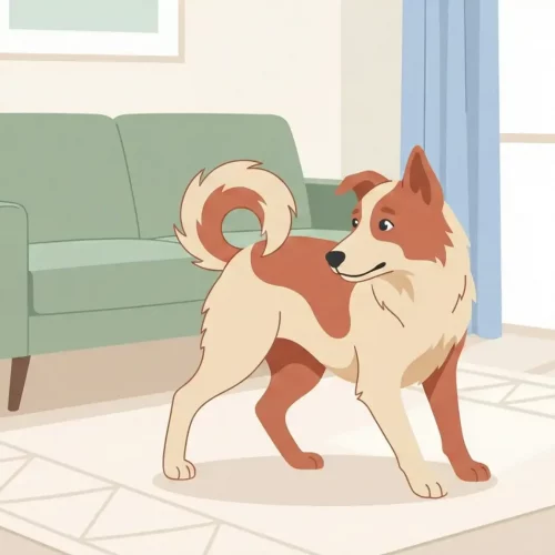 Illustrazione vettoriale di un cane che gira su se stesso guardando la propria coda in un soggiorno moderno, rappresentazione di comportamento compulsivo o gioco.