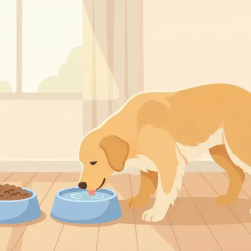 Un’illustrazione dai toni caldi che ritrae un cane seduto con aria tranquilla accanto alla sua ciotola dell’acqua in un angolo luminoso della casa. Sullo sfondo, una ciotola di crocchette rimane in disparte su un tappeto dai colori neutri, mentre la luce del pomeriggio crea un’atmosfera rassicurante e domestica attraverso una finestra stilizzata.