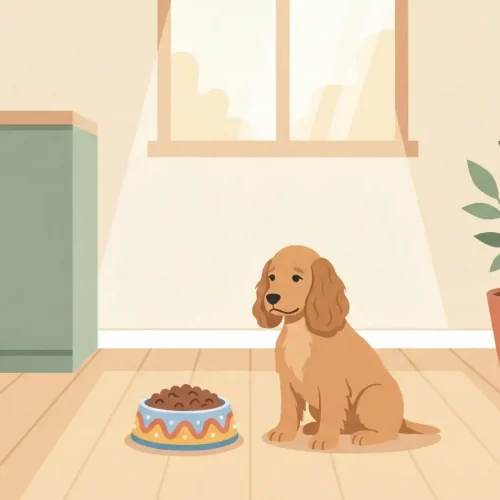 Un cagnolino seduto con aria pensierosa osserva una ciotola piena di crocchette su un pavimento di legno chiaro, circondato da un ambiente domestico accogliente e rilassato.