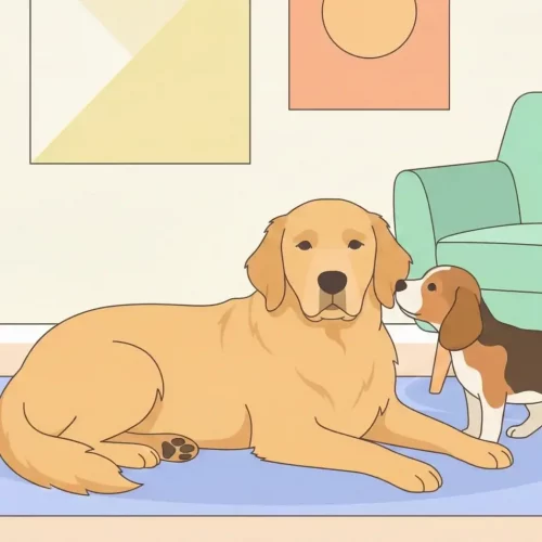 Un'illustrazione moderna in stile piatto che mostra un cane adulto calmo e un cucciolo curioso che interagiscono in un soggiorno dai colori pastello.