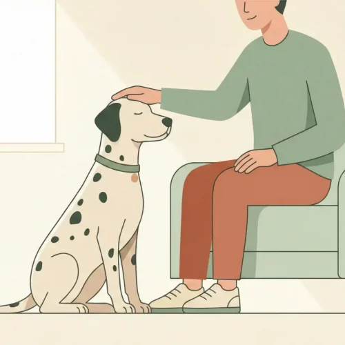Illustrazione stilizzata di un cane e del suo proprietario che interagiscono con fiducia e calma in un ambiente domestico dai colori pastello.