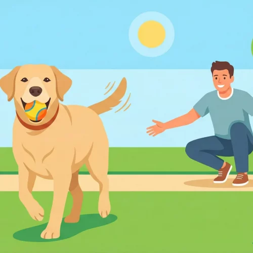 Illustrazione vettoriale flat design di un cane felice che riporta una pallina al proprietario in un parco.