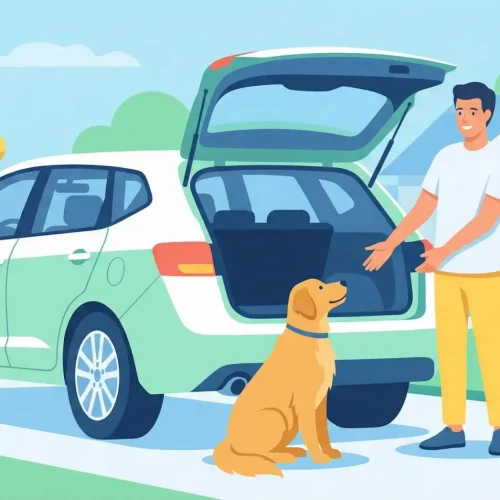 Illustrazione vettoriale flat design di un cane seduto davanti al bagagliaio aperto dell'auto in attesa del comando del proprietario.