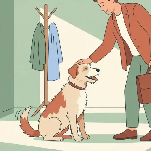 Illustrazione vettoriale flat design di un cane seduto compostamente che riceve una carezza dal proprietario appena rientrato in casa, invece di saltargli addosso.