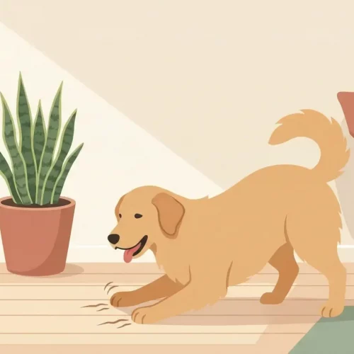 Un'illustrazione moderna in stile piatto che ritrae un cane simpatico intento a grattare il pavimento di casa in un ambiente luminoso dai colori pastello.