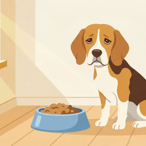 Un'illustrazione delicata che mostra un Beagle dall'espressione malinconica seduto accanto a una ciotola azzurra ancora colma di cibo. La scena è ambientata in una cucina minimalista inondata di luce calda, con pareti color panna e una piccola pianta verde che dona un tocco di vitalità all'ambiente tranquillo.