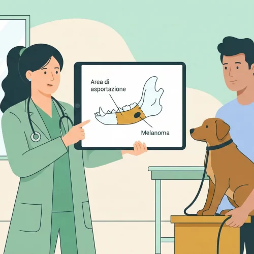 Veterinaria chirurga che spiega la mandibulectomia a un proprietario usando un tablet in clinica.