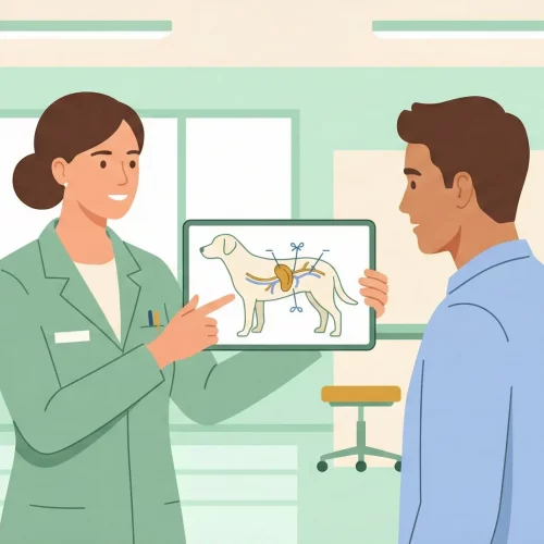 Veterinario che spiega la procedura di splenectomia e i vasi sanguigni coinvolti a un proprietario in clinica.